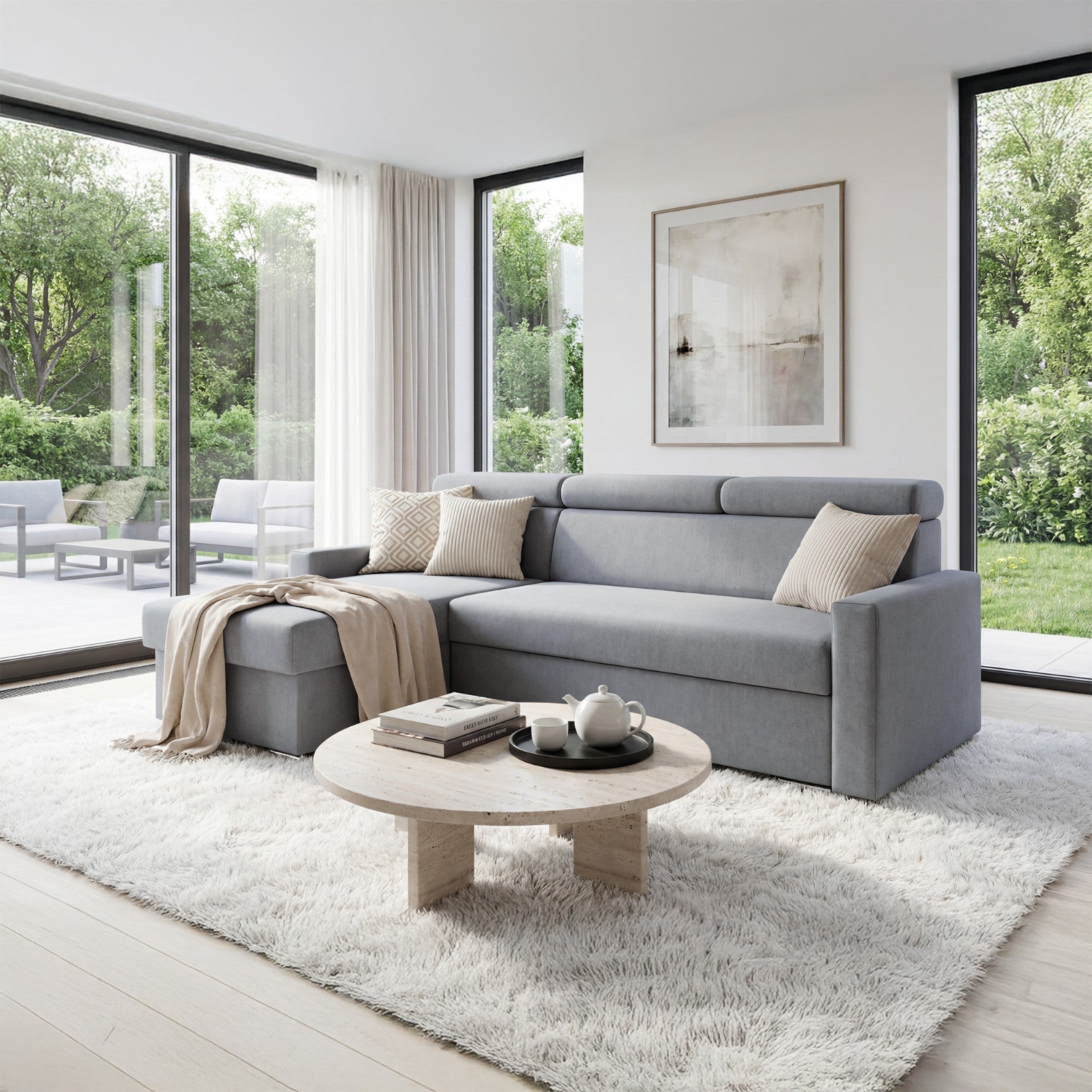 Ecksofa Vega L mit Schlaffunktion & Bettkasten – Samtstoff Best Grau – Zero-Wall Design Wandbündig – L-Form Sofa Freistehend