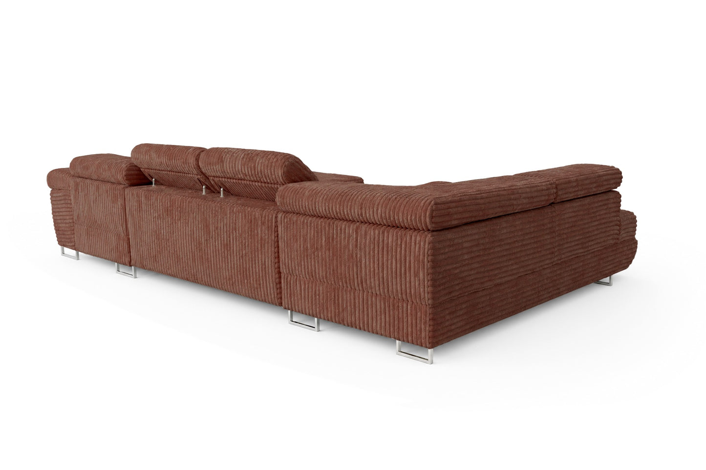 Wohnlandschaft Cordo U XXL U-Form Sofa mit Schlaffunktion & 2 Bettkästen – Breitcord Tilia Terrakotta– Ottomane Links