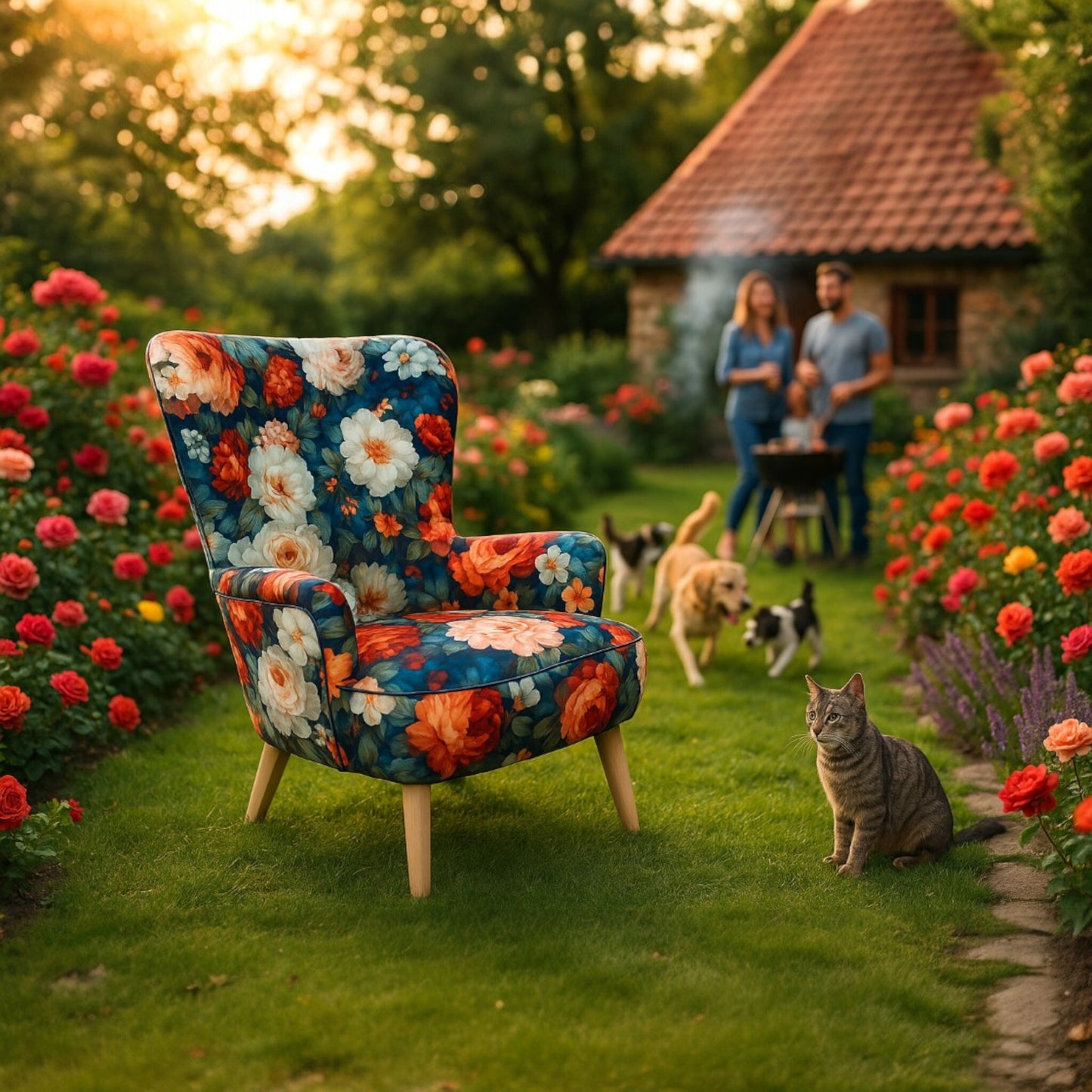 Sofiland Gardens Secrets Ohrensessel Blumenmuster Jacquard-Stoff - Buche