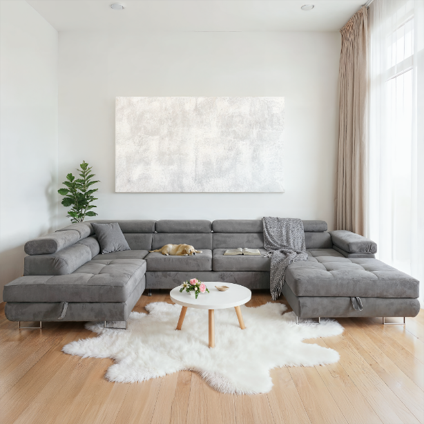 Sofiland Aller XXL U-förmiges Ecksofa, linke Ausrichtung, mit Schlaffunktion, Couchgarnitur mit 2 Bettkästen, Wohnzimmersofa Hellgrau MONOLITH 84, Sofa, Bettsofa, Couch