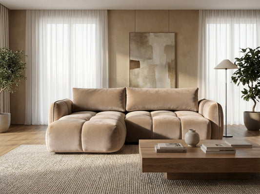Ecksofa BELVEO mit Schlaffunktion und Bettkasten L-Form Ausrichtung Links Stoff Bluvel 28 Dunkelbeige