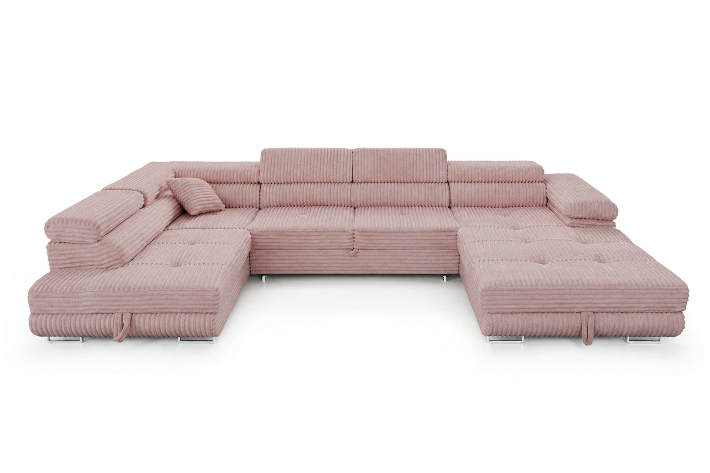 Wohnlandschaft Cordo U XXL U-Form Sofa mit Schlaffunktion & 2 Bettkästen – Breitcord Tilia Altrosa– Ottomane Links