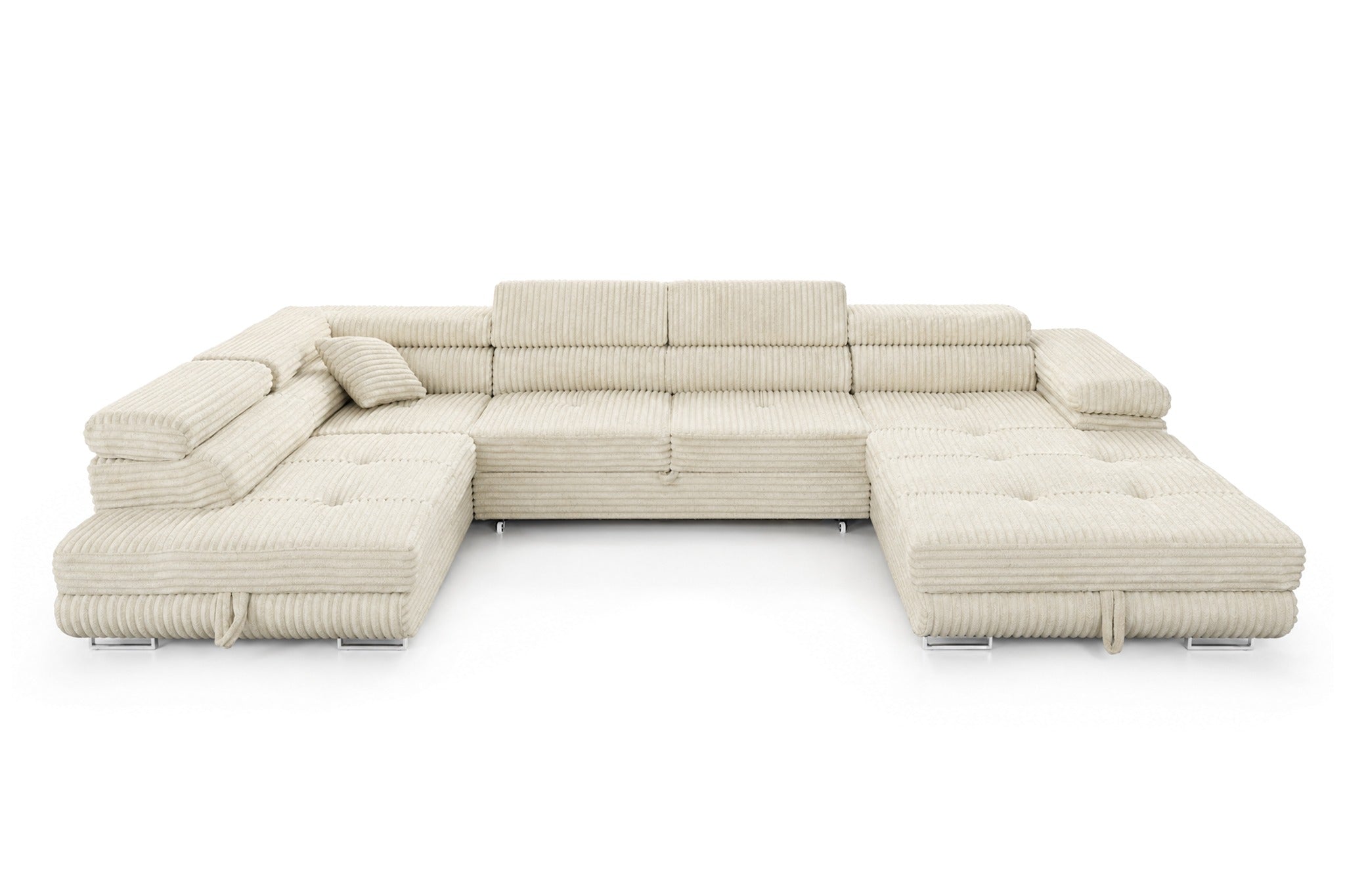 Wohnlandschaft Cordo U XXL U-Form Sofa mit Schlaffunktion & 2 Bettkästen – Breitcord Tilia Creme– Ottomane Links