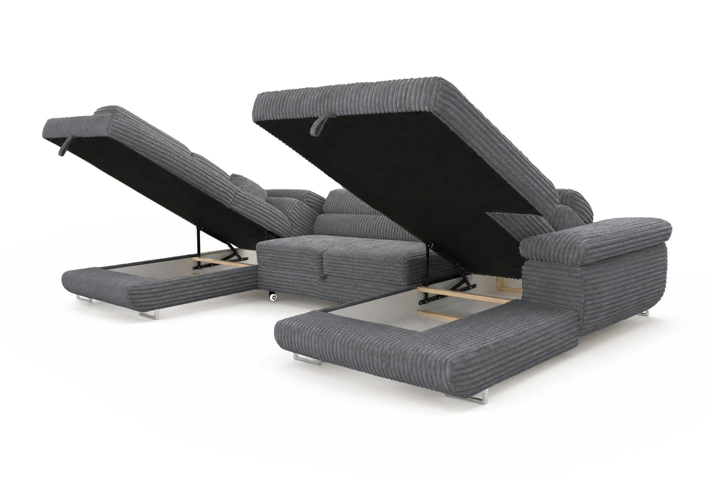 Wohnlandschaft Cordo U XXL U-Form Sofa mit Schlaffunktion & 2 Bettkästen – Breitcord Tilia Grau– Ottomane Links