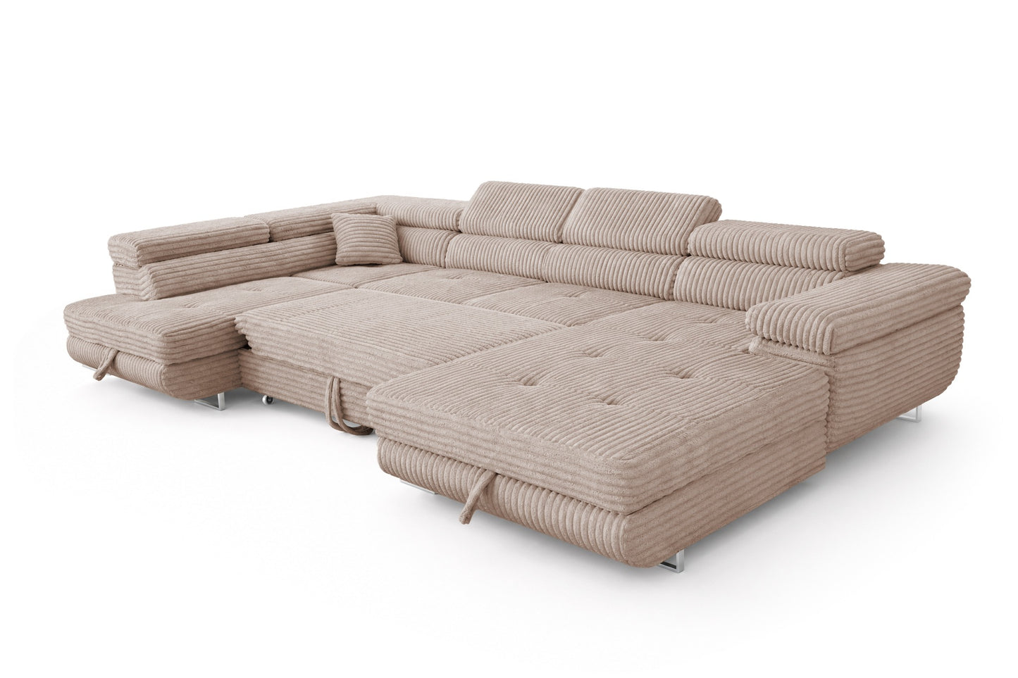 Wohnlandschaft Cordo U XXL U-Form Sofa mit Schlaffunktion & 2 Bettkästen – Breitcord Tilia Beige– Ottomane Links