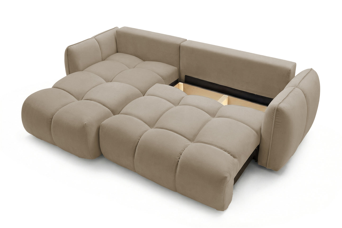 Ecksofa BELVEO mit Schlaffunktion und Bettkasten L-Form Ausrichtung Links Stoff Bluvel 28 Dunkelbeige