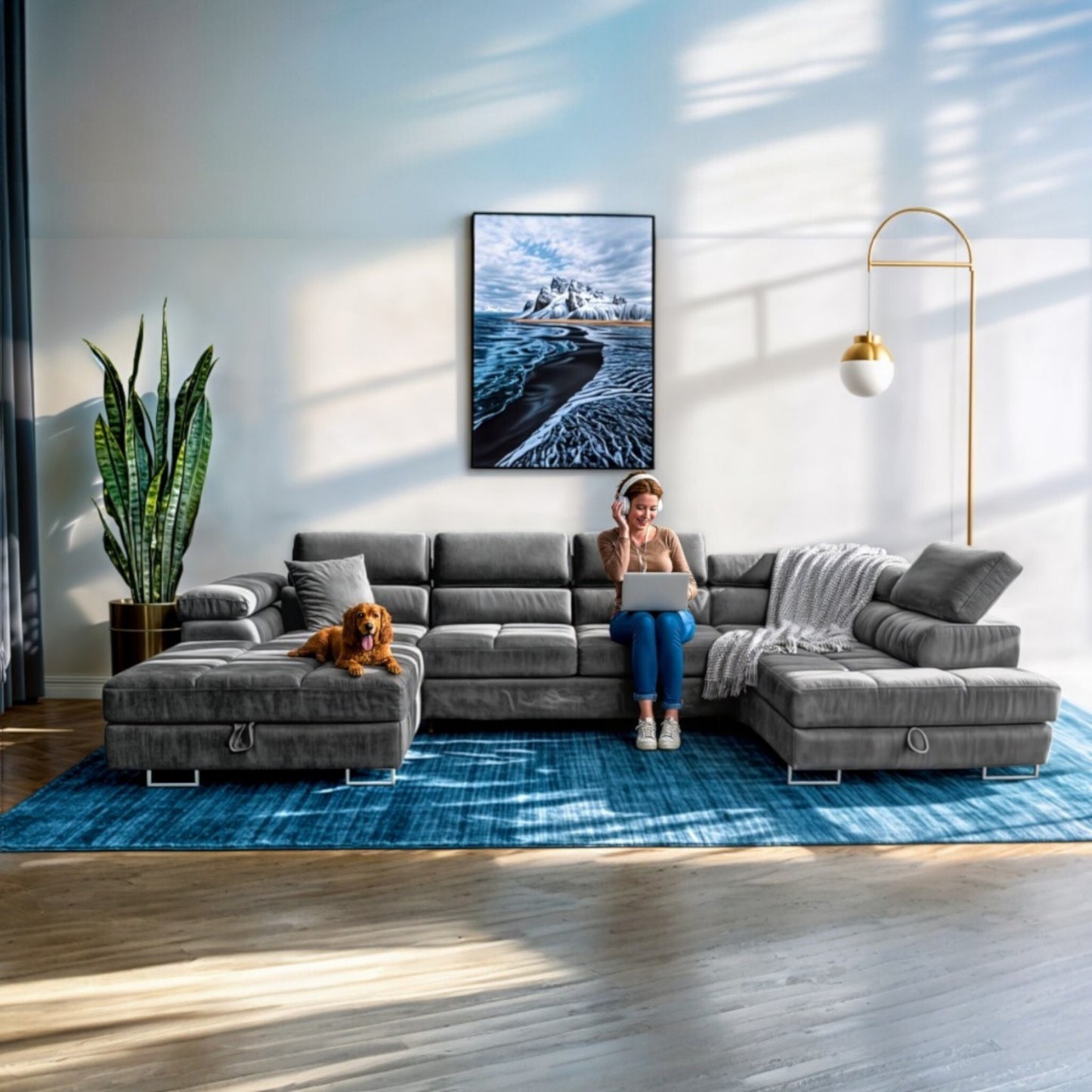 Sofiland Aller XXL U-Form Ecksofa rechts mit Schlaffunktion, Couchgarnitur mit 2 Bettkästen, Wohnzimmersofa Hellgrau MONOLITH 84, Sofa, Bettsofa