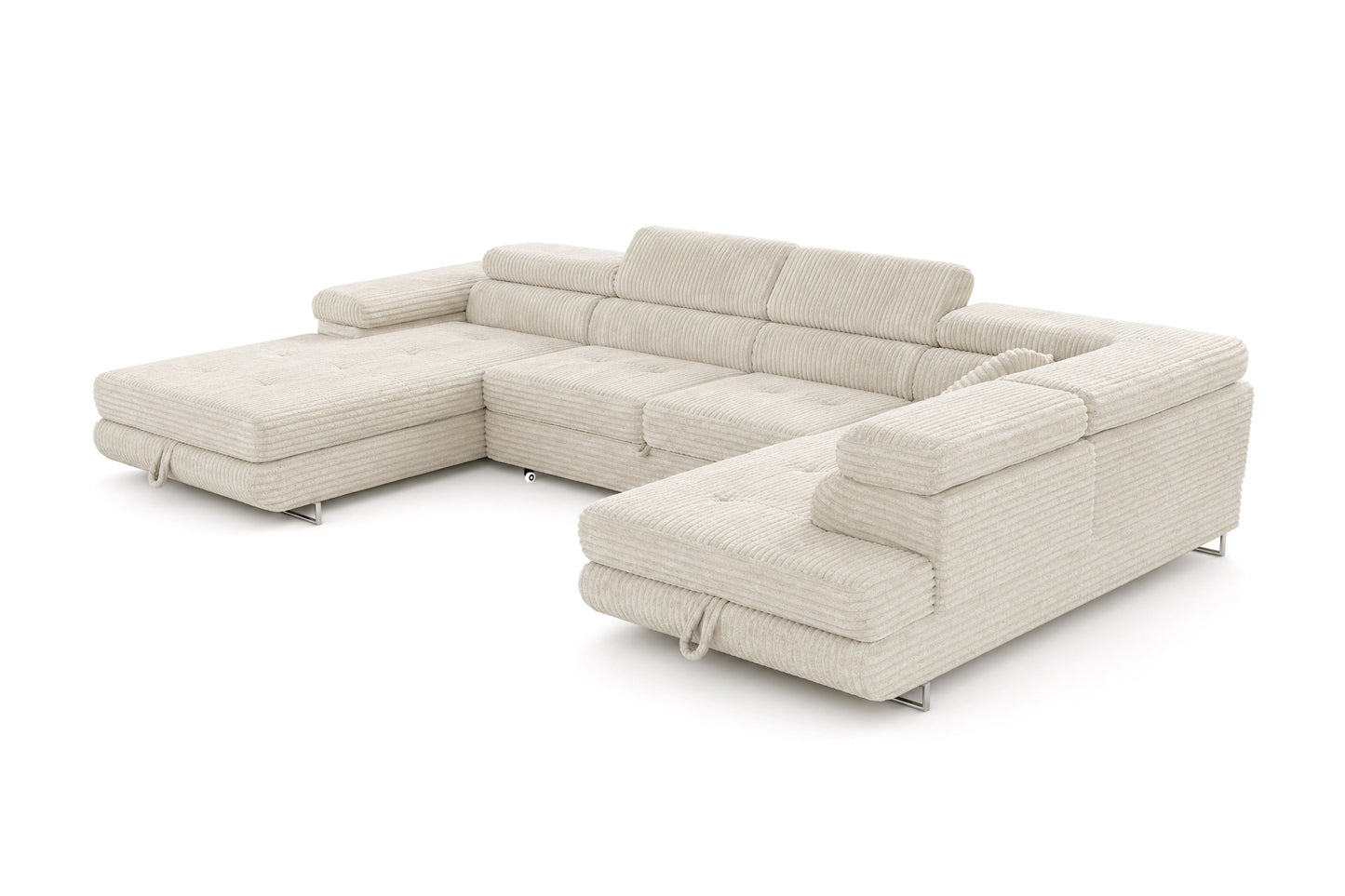 Wohnlandschaft Cordo U XXL U-Form Sofa mit Schlaffunktion & 2 Bettkästen – Breitcord Tilia Creme– Ottomane Rechts