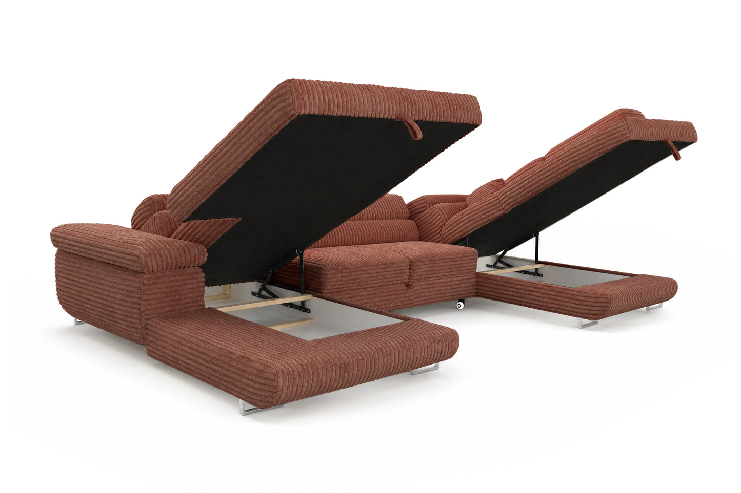 Wohnlandschaft Cordo U XXL U-Form Sofa mit Schlaffunktion & 2 Bettkästen – Breitcord Tilia Terrakotta– Ottomane Rechts
