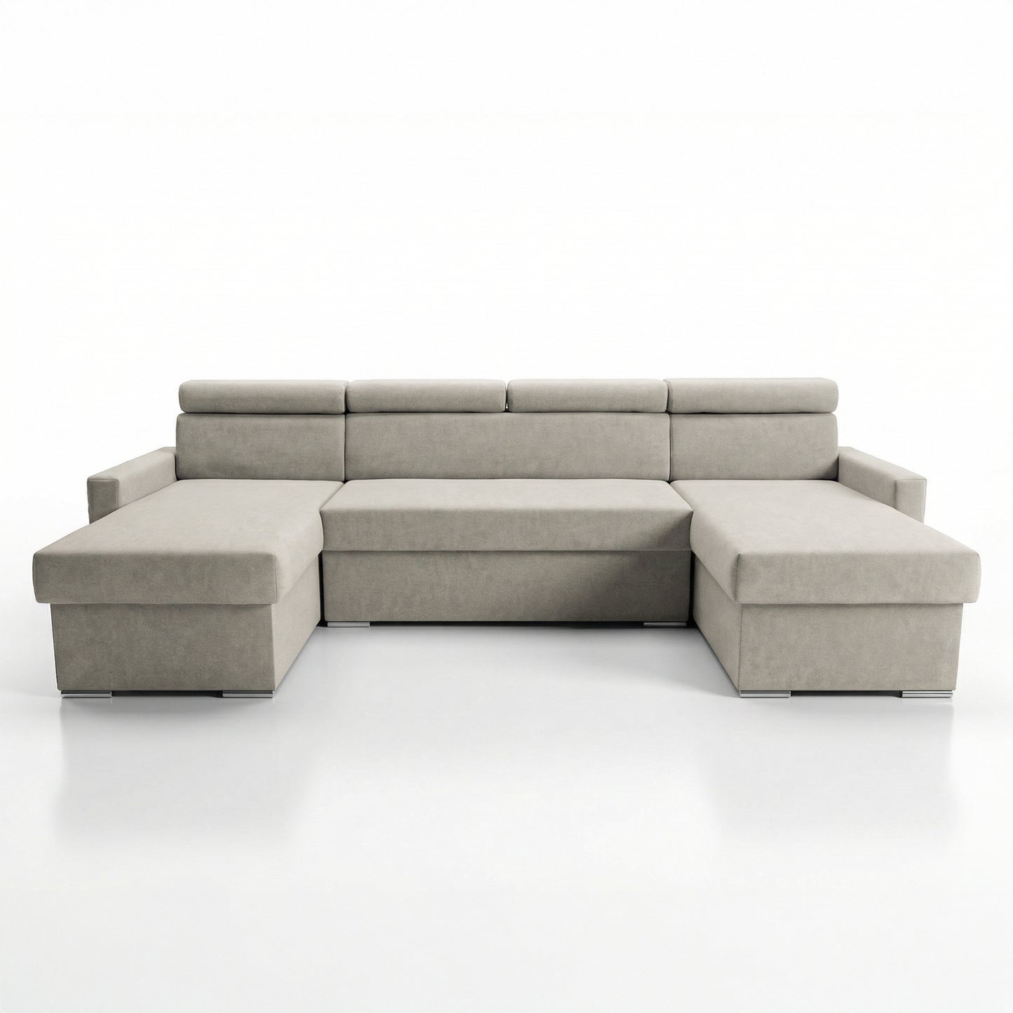 Vega U Wohnlandschaft mit Schlaffunktion und 2 Bettkästen Ecksofa in U-Form Verstellbare Kopfstützen Samt-Stoff Best 305x151 cm (Hellbeige)