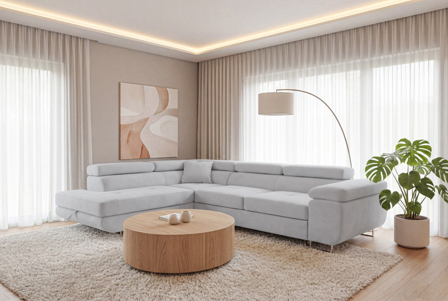Ecksofa Luca L-Form Hellgrau Stoff Element 24 Linke Ottomane mit Schlaffunktion & Bettkasten