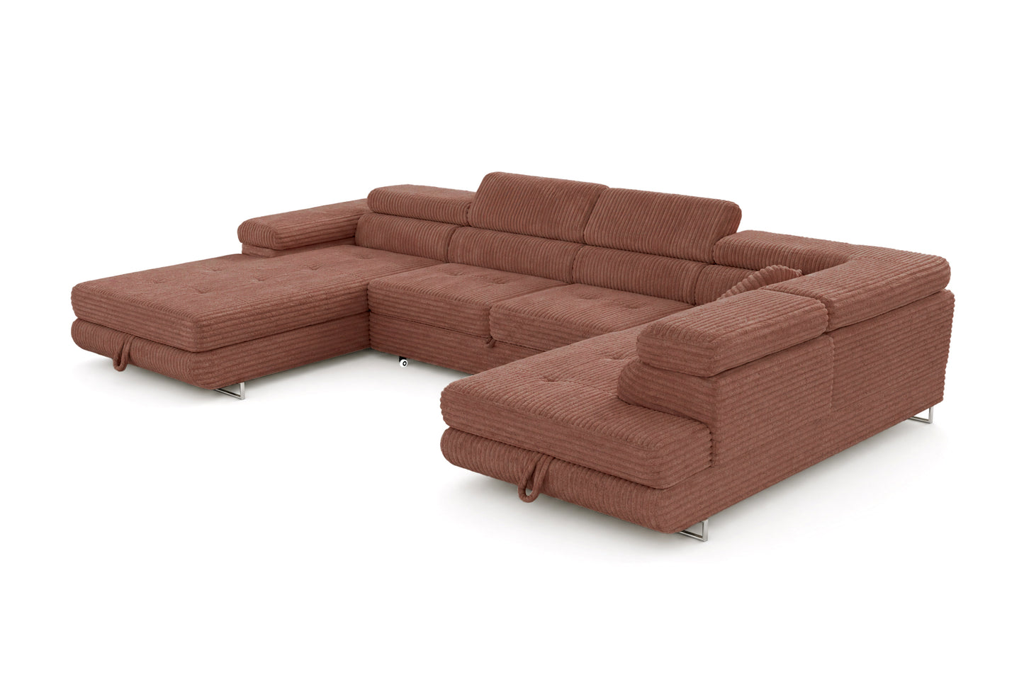 Wohnlandschaft Cordo U XXL U-Form Sofa mit Schlaffunktion & 2 Bettkästen – Breitcord Tilia Terrakotta– Ottomane Rechts