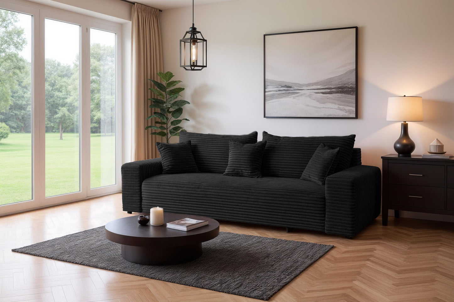 Sofa CORDO von Sofiland - Schlafsofa mit Bettkasten, Cord-Sofa 265x105 cm, Schwarz