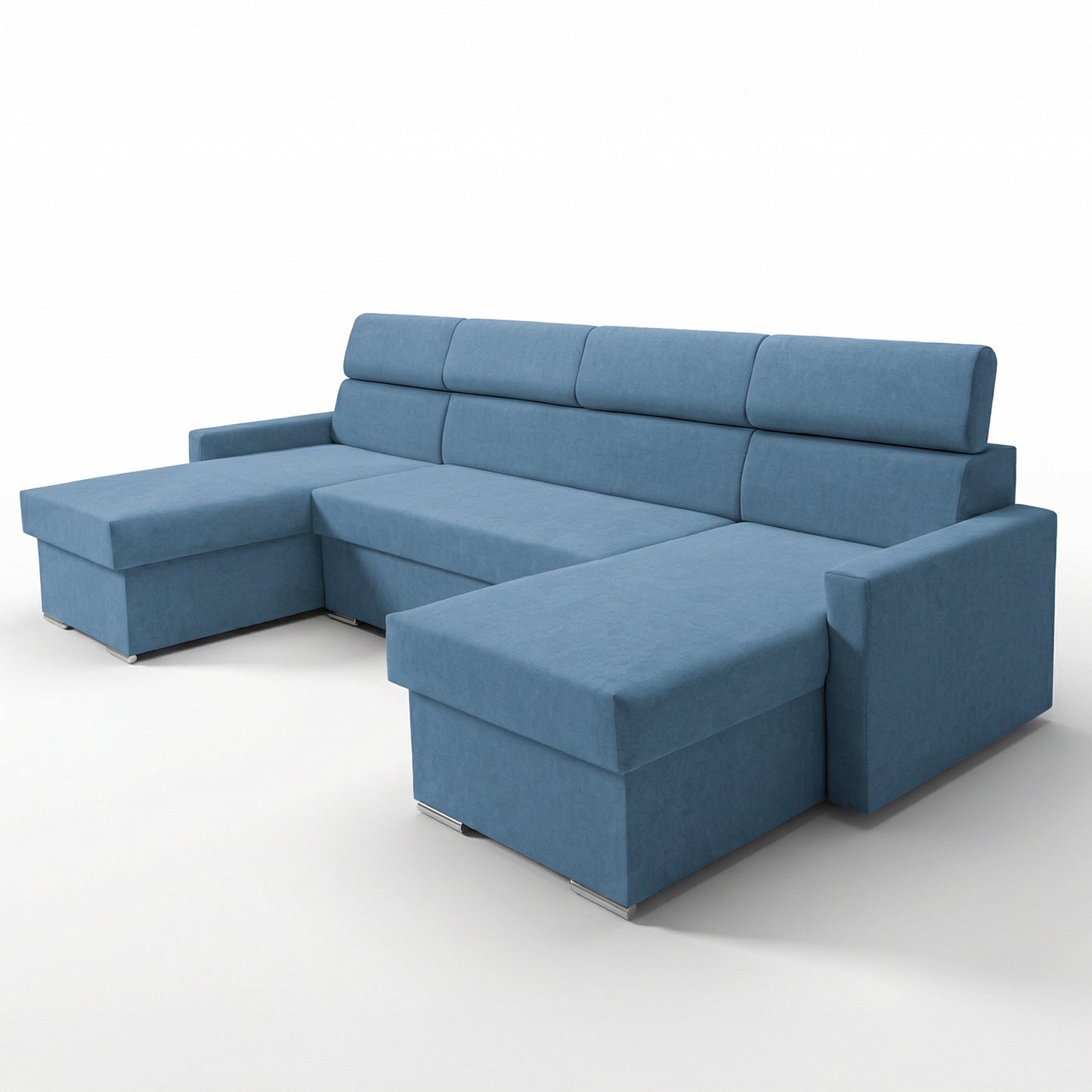 Vega U Ecksofa nach Maß | Breite anpassbar | Schlaffunktion 2 Bettkästen U-Form verstellbare Kopfstützen Samtstoff Best 305x151 cm (Blau)