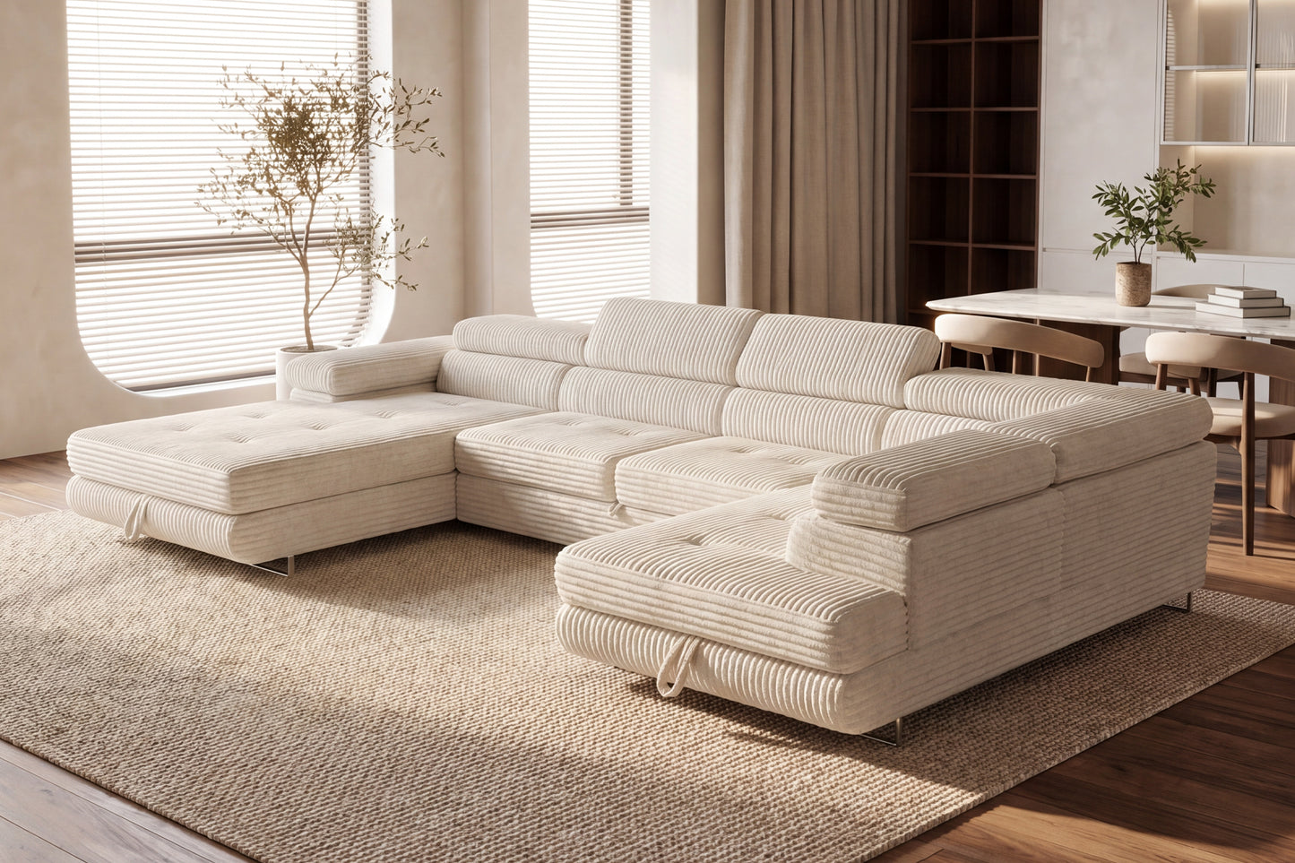 Wohnlandschaft Cordo U XXL U-Form Sofa mit Schlaffunktion & 2 Bettkästen – Breitcord Tilia Creme– Ottomane Rechts