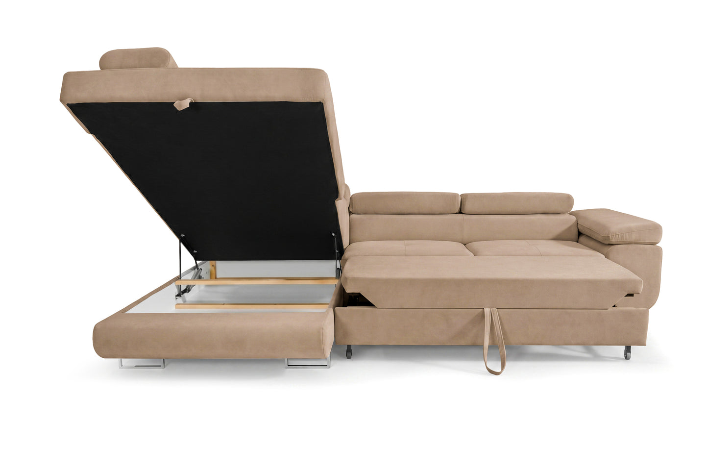Ecksofa Luca L-Form Beige Stoff Element 06 Linke Ottomane mit Schlaffunktion & Bettkasten