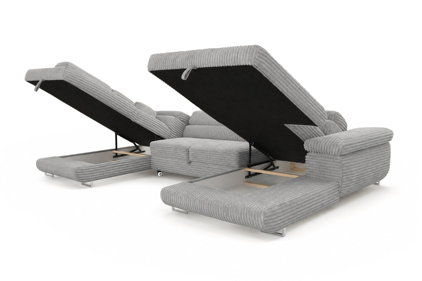 Wohnlandschaft Cordo U XXL U-Form Sofa mit Schlaffunktion & 2 Bettkästen – Breitcord Tilia Hellgrau– Ottomane Links