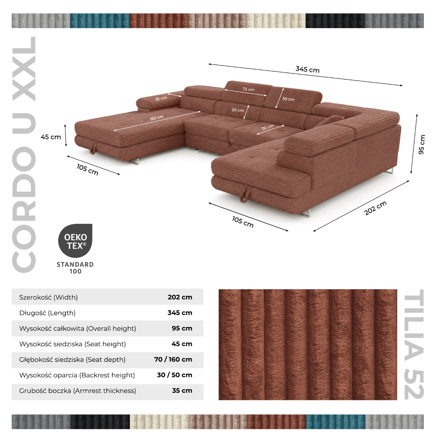 Wohnlandschaft Cordo U XXL U-Form Sofa mit Schlaffunktion & 2 Bettkästen – Breitcord Tilia Terrakotta– Ottomane Rechts