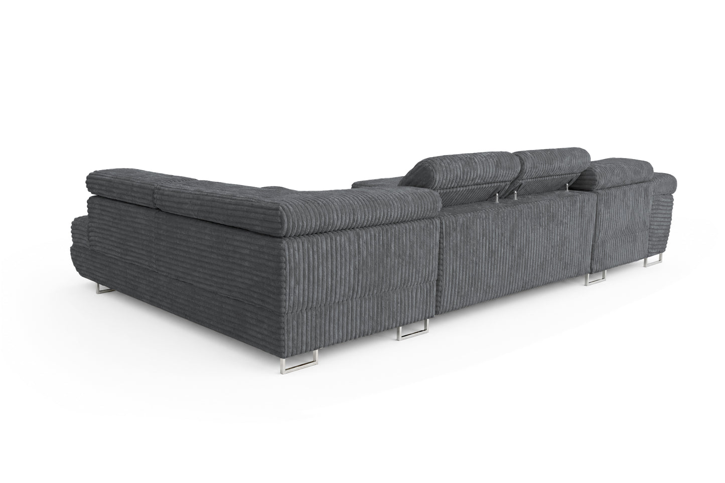 Wohnlandschaft Cordo U XXL U-Form Sofa mit Schlaffunktion & 2 Bettkästen – Breitcord Tilia Grau – Ottomane Rechts