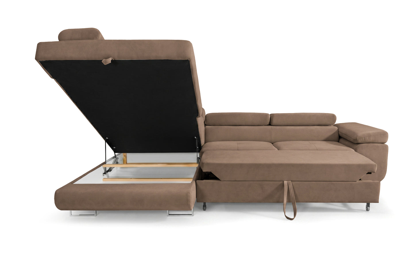 Ecksofa Luca L-Form Braun Stoff Element 05 Linke Ottomane mit Schlaffunktion & Bettkasten