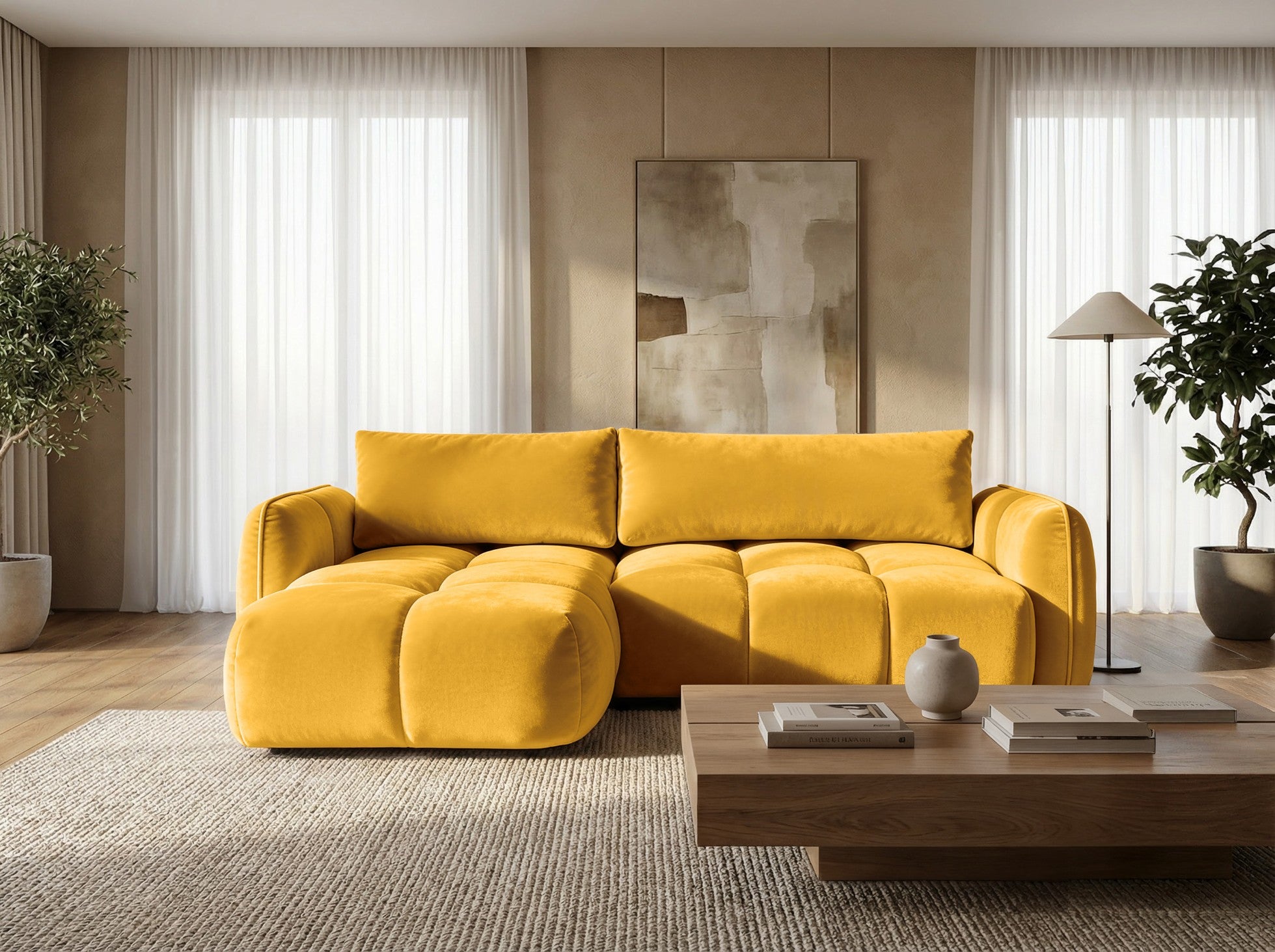 Ecksofa BELVEO mit Schlaffunktion und Bettkasten L-Form Ausrichtung Links Stoff Bluvel 68 Gelb