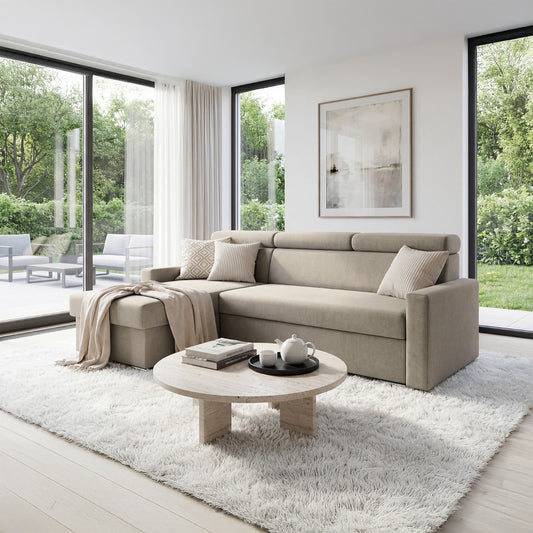 Ecksofa Vega L mit Schlaffunktion & Bettkasten – Samtstoff Best Beige – Zero-Wall Design Wandbündig – L-Form Sofa Freistehend
