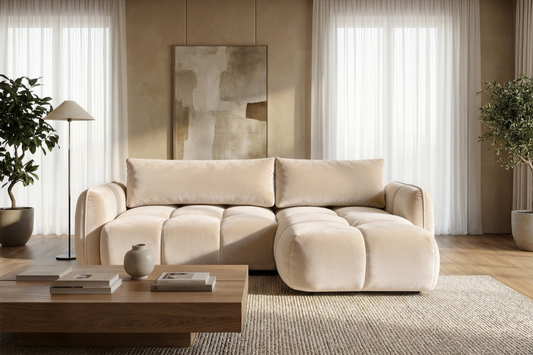 Ecksofa BELVEO mit Schlaffunktion und Bettkasten L-Form Ausrichtung Rechts Stoff Bluvel 22 Beige