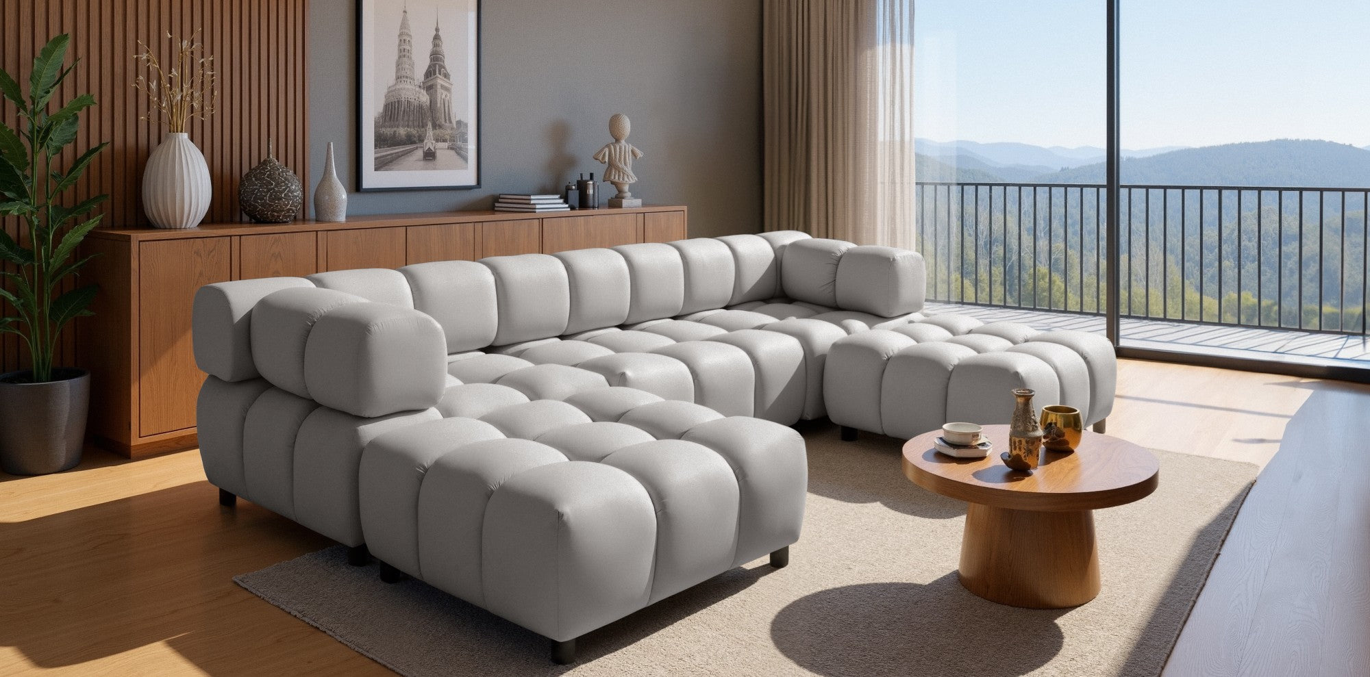 Exklusive Wohnlandschaft Tondo U 192x288 cm – Designer-Sofa Samt Bluvel 03 Hellgrau – Modernes Bubble-Design & HR-Schaum Komfort