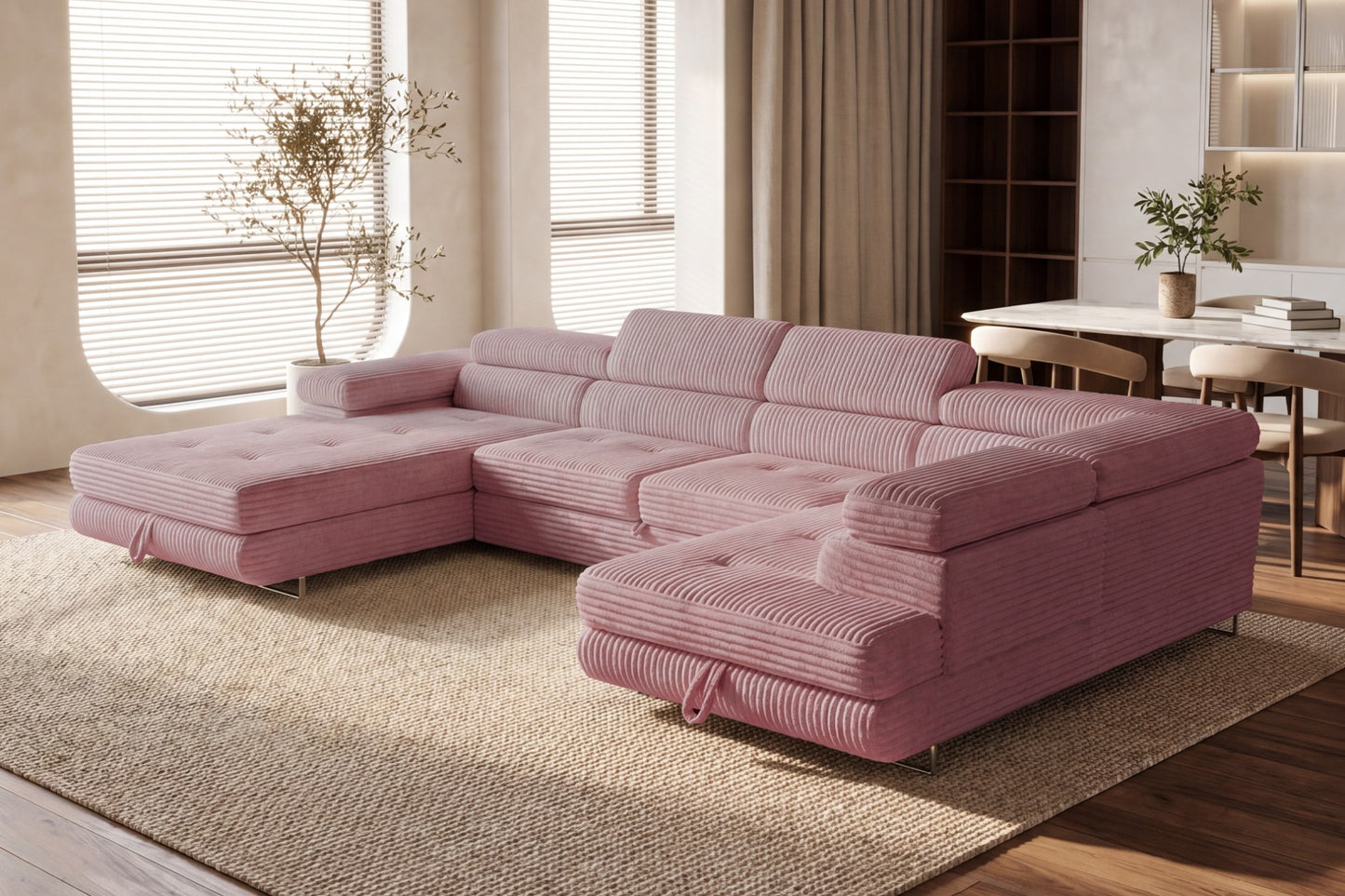 Wohnlandschaft Cordo U XXL U-förmiges Sofa mit Schlaffunktion & 2 Bettkästen – Breitcord Tilia Altrosa – Ottomane Rechts