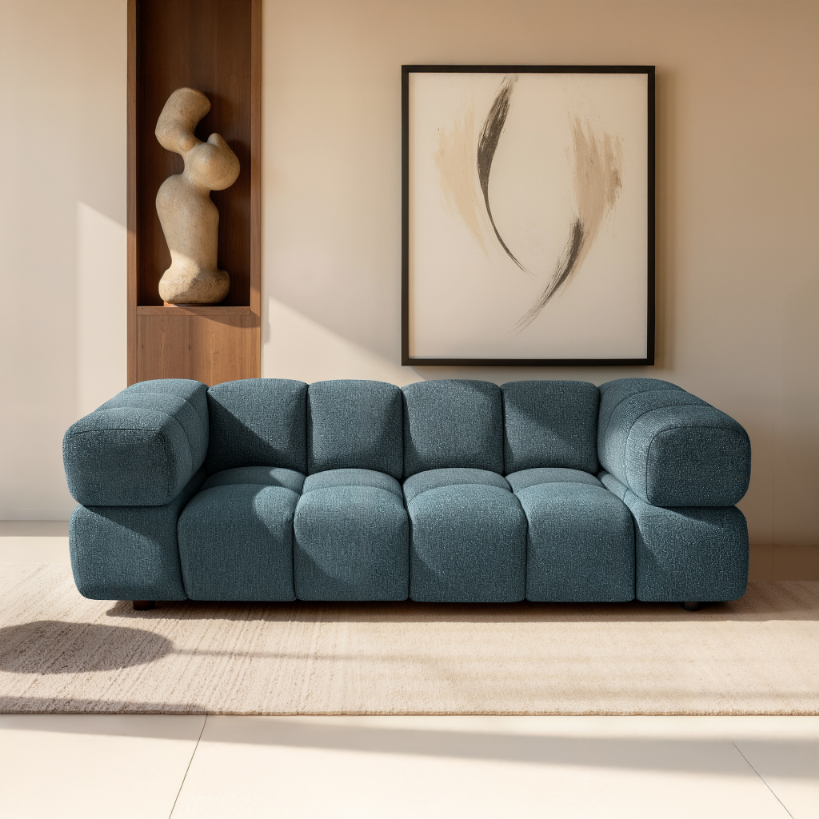 Design-Sofa 3-Sitzer TONDO PUENTE 39 – Strukturstoff in Bouclé-Optik – Wellenförmiges Design – Dunkelblau