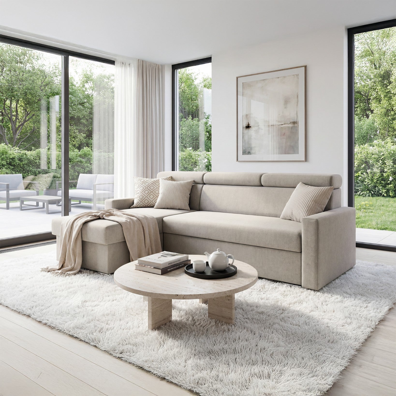 Ecksofa Vega L mit Schlaffunktion & Bettkasten – Samtstoff Best Hellbeige – Zero-Wall Design Wandbündig – L-Form Sofa Freistehend