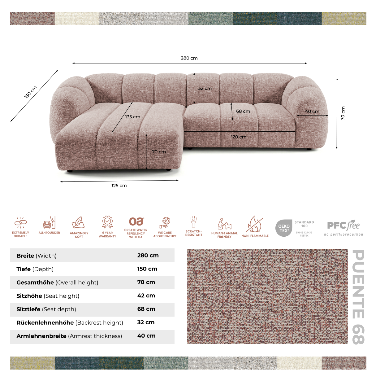 Mali Design Ecksofa 280x150 cm | L-förmiges Sofa aus hochwertigem Puente-Strukturstoff |68 Altrosa| Ottomane links