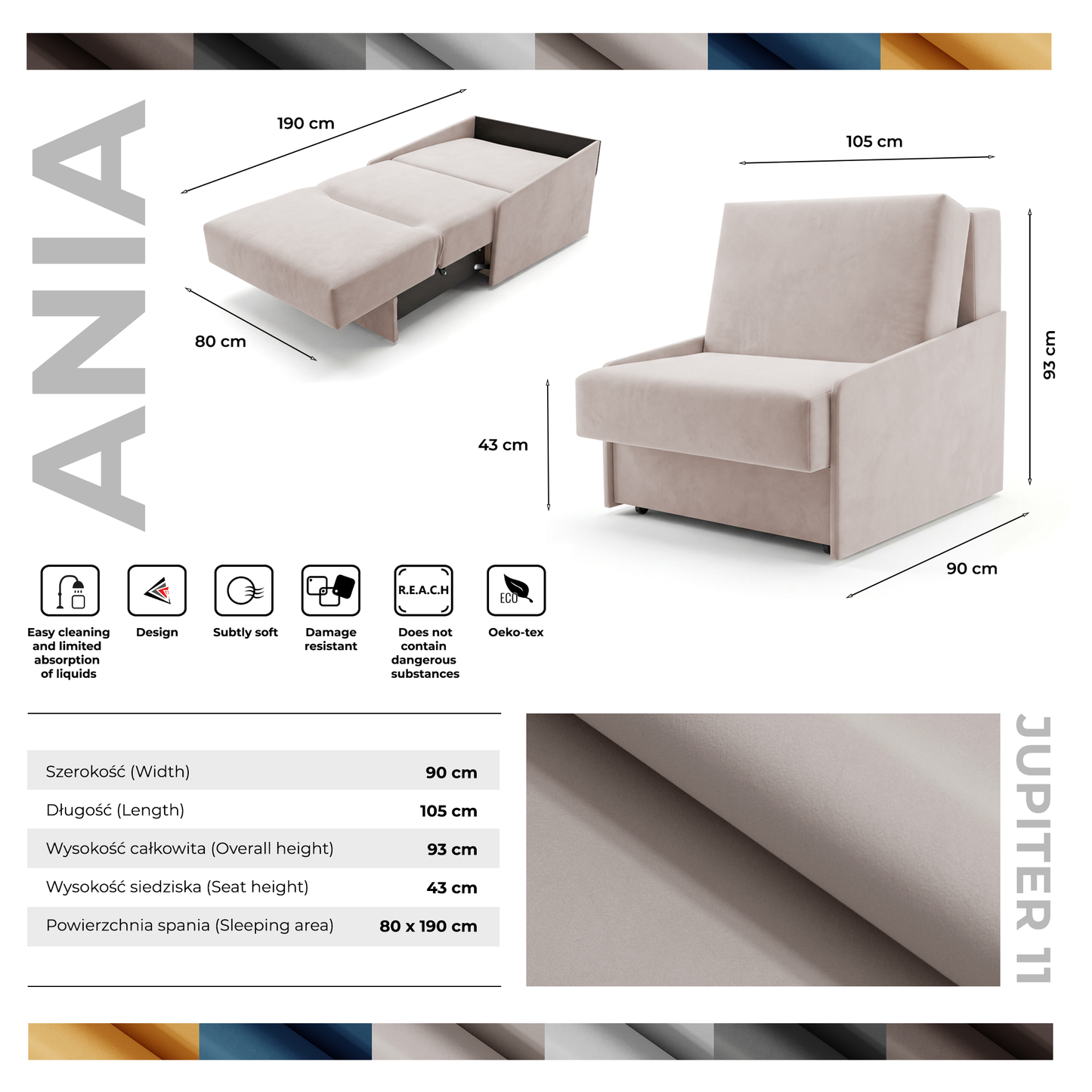 Jupiter Schlafsessel mit Bettkasten & Schlaffunktion 90x105 cm Samt-Velvet  Beige