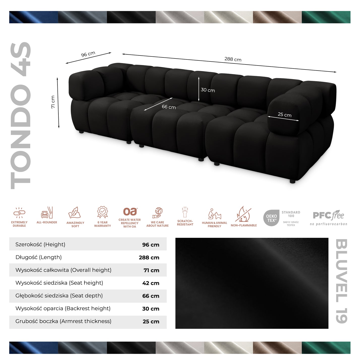 Tondo 4S Design Sofa Modulare Bubble Couch 4-Sitzer Samt Bluvel 19 Schwarz