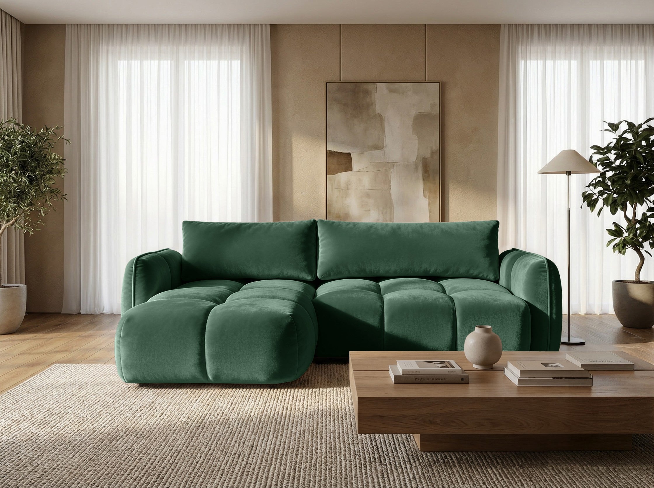 Ecksofa BELVEO mit Schlaffunktion und Bettkasten L-Form Ausrichtung links Stoff Bluvel 78 Grün
