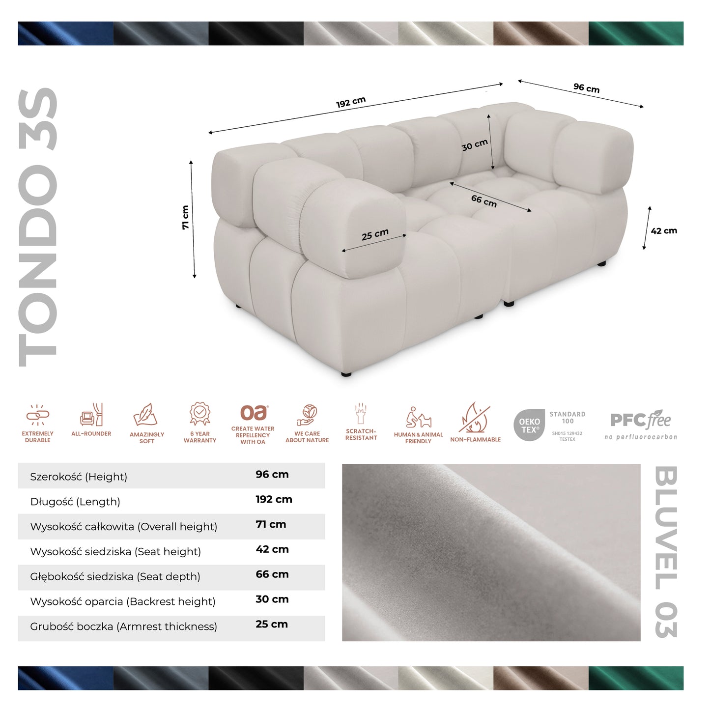 Sofa Tondo 3-Sitzer-Bluvel 03 Hellgrau