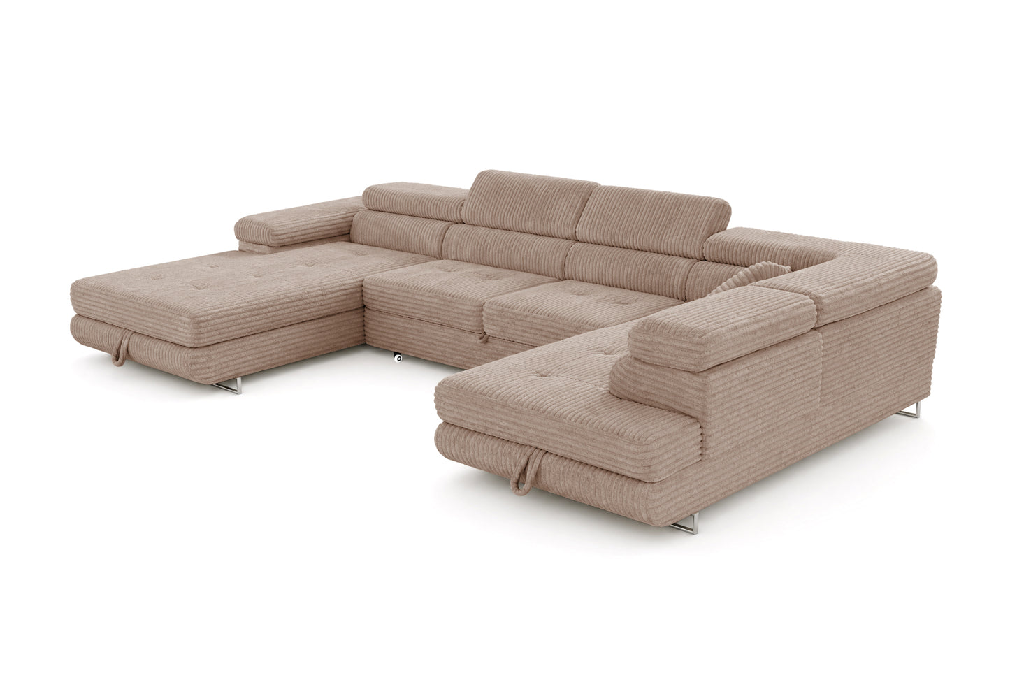 Wohnlandschaft Cordo U XXL U-förmiges Sofa mit Schlaffunktion & 2 Bettkästen – Breitcord Tilia Beige – Ottomane Rechts