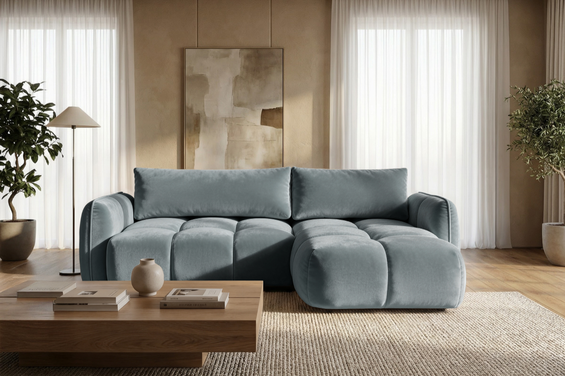 Ecksofa BELVEO mit Schlaffunktion und Bettkasten L-Form Ausrichtung Rechts Stoff Bluvel 06 Graublau