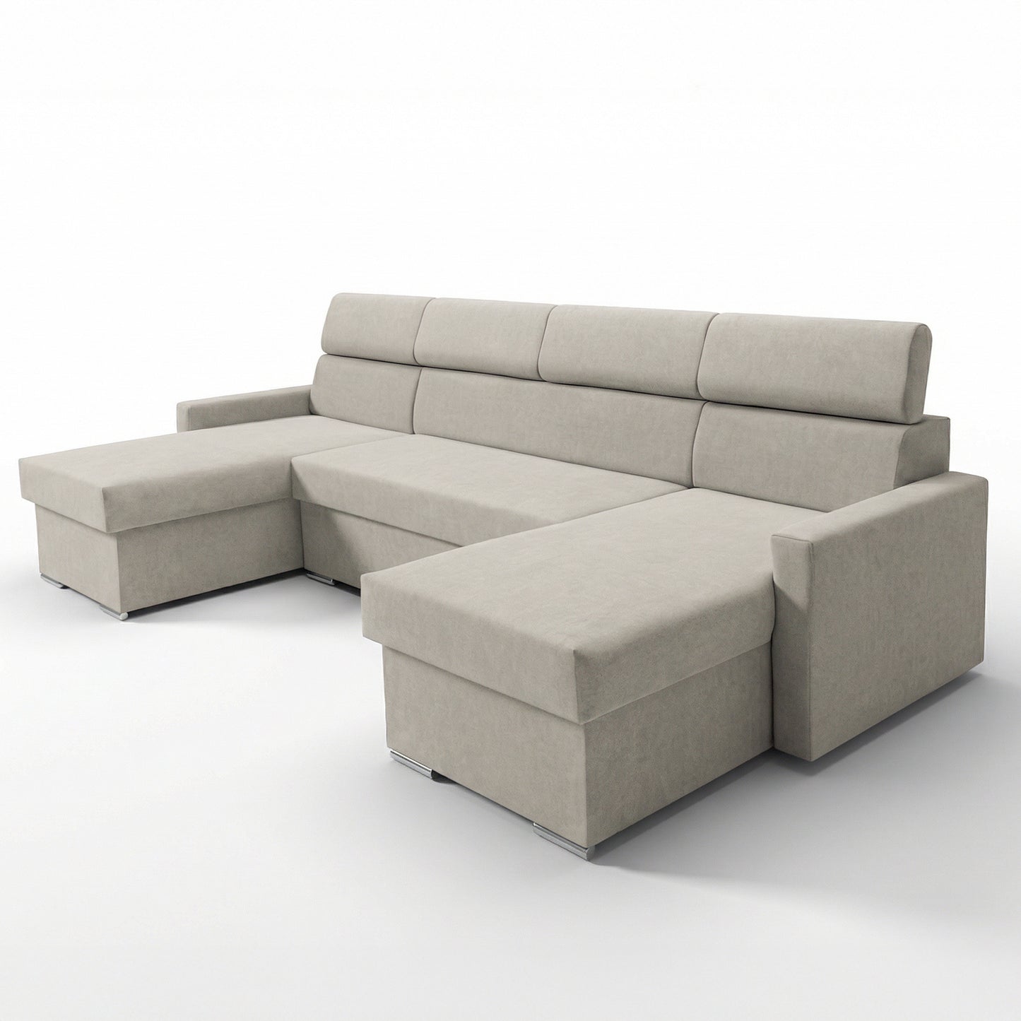 Vega U Wohnlandschaft mit Schlaffunktion und 2 Bettkästen Ecksofa in U-Form Verstellbare Kopfstützen Samt-Stoff Best 305x151 cm (Hellbeige)
