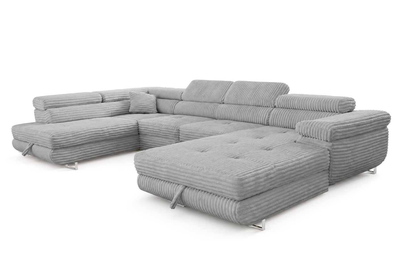 Wohnlandschaft Cordo U XXL U-Form Sofa mit Schlaffunktion & 2 Bettkästen – Breitcord Tilia Hellgrau– Ottomane Links