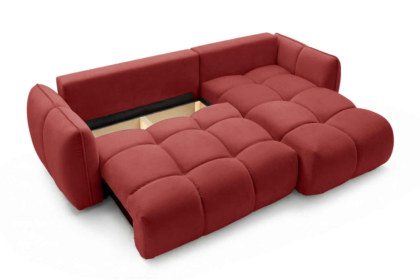 Ecksofa BELVEO mit Schlaffunktion und Bettkasten L-Form Ausrichtung Rechts Stoff Bluvel 59 Rot