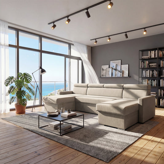 Vega U Wohnlandschaft mit Schlaffunktion und 2 Bettkasten Ecksofa in U-Form Verstellbare Kopfstützen Samt-Stoff Best 305x151 cm (Beige)