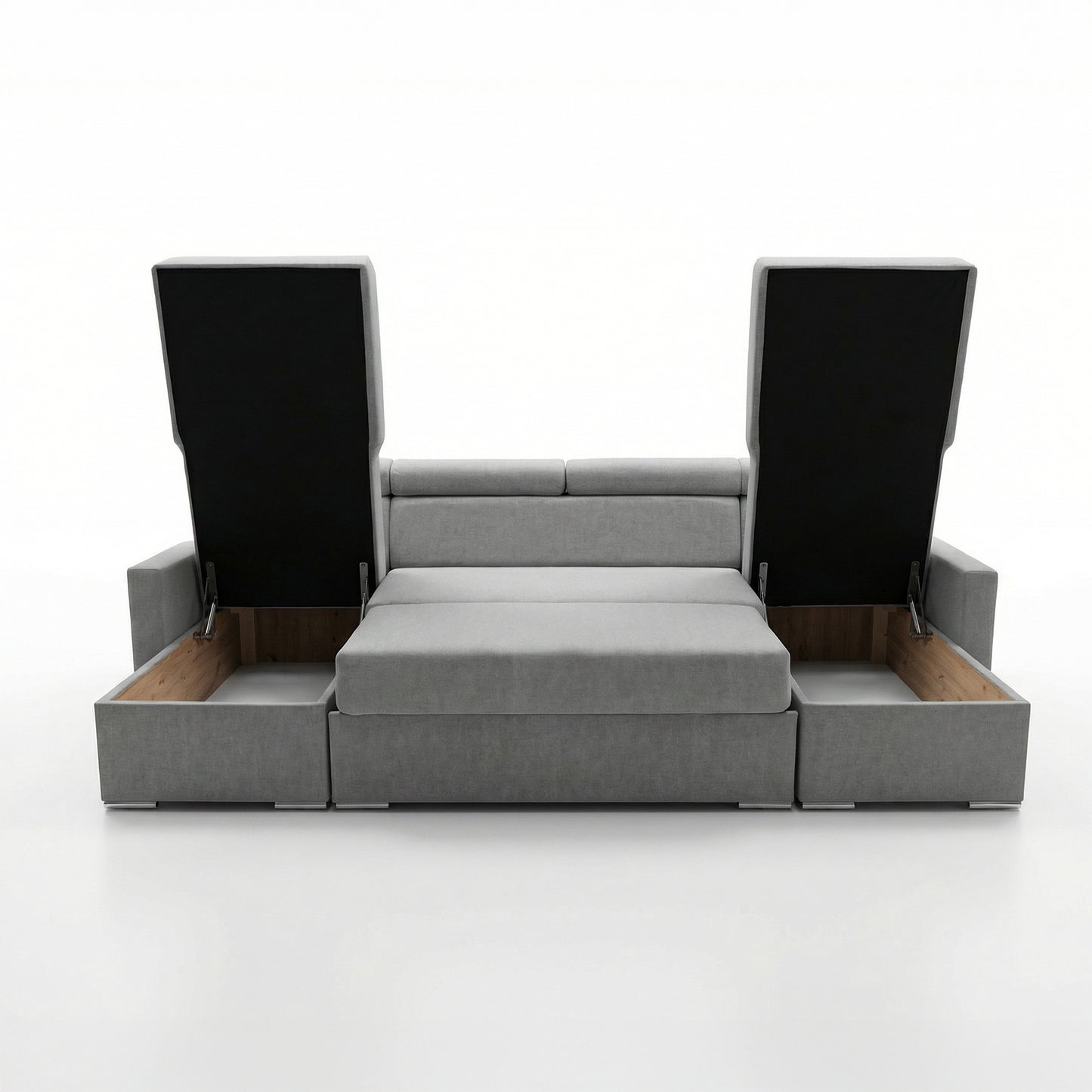 Vega U Ecksofa nach Maß | Breite anpassbar | Schlaffunktion 2 Bettkästen U-Form verstellbare Kopfstützen Samt-Stoff Best 305x151 cm (Stahlfarbe)