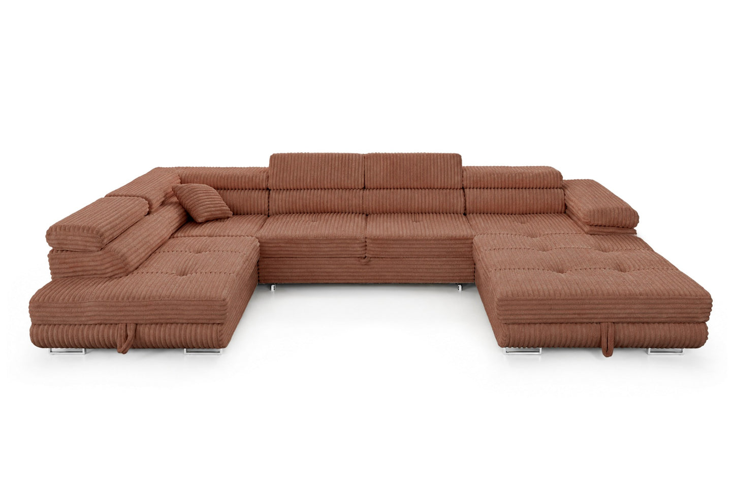 Wohnlandschaft Cordo U XXL U-Form Sofa mit Schlaffunktion & 2 Bettkästen – Breitcord Tilia Terrakotta– Ottomane Links
