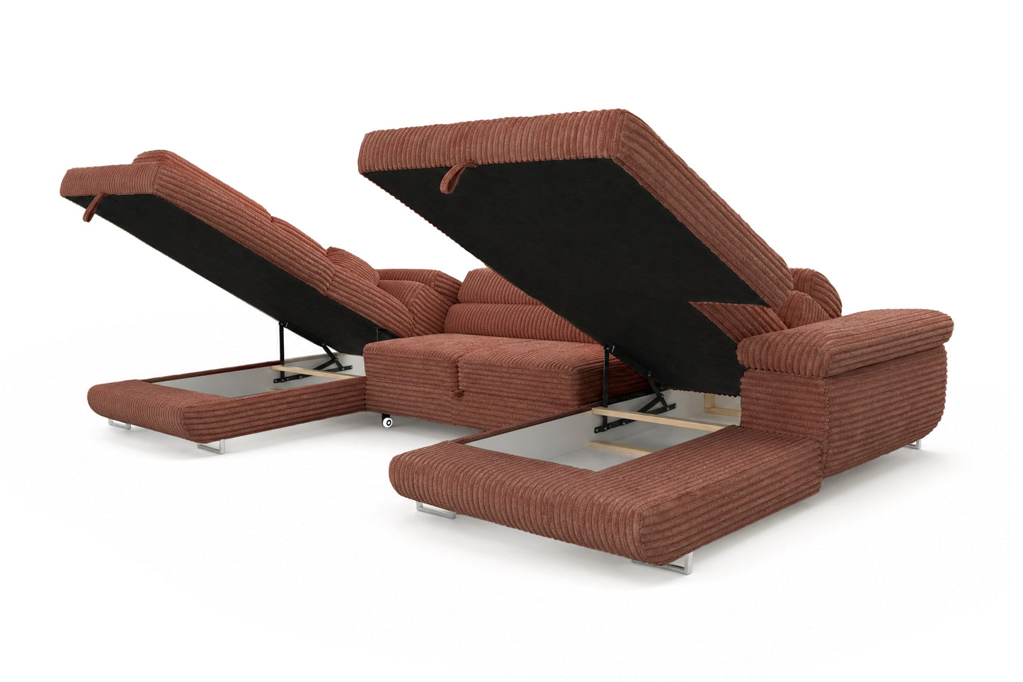 Wohnlandschaft Cordo U XXL U-Form Sofa mit Schlaffunktion & 2 Bettkästen – Breitcord Tilia Terrakotta– Ottomane Links