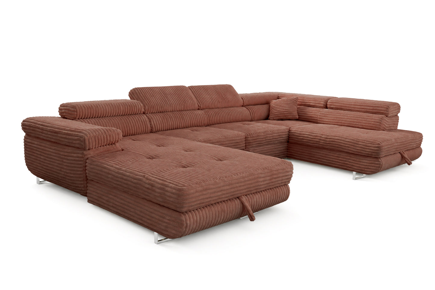 Wohnlandschaft Cordo U XXL U-Form Sofa mit Schlaffunktion & 2 Bettkästen – Breitcord Tilia Terrakotta– Ottomane Rechts