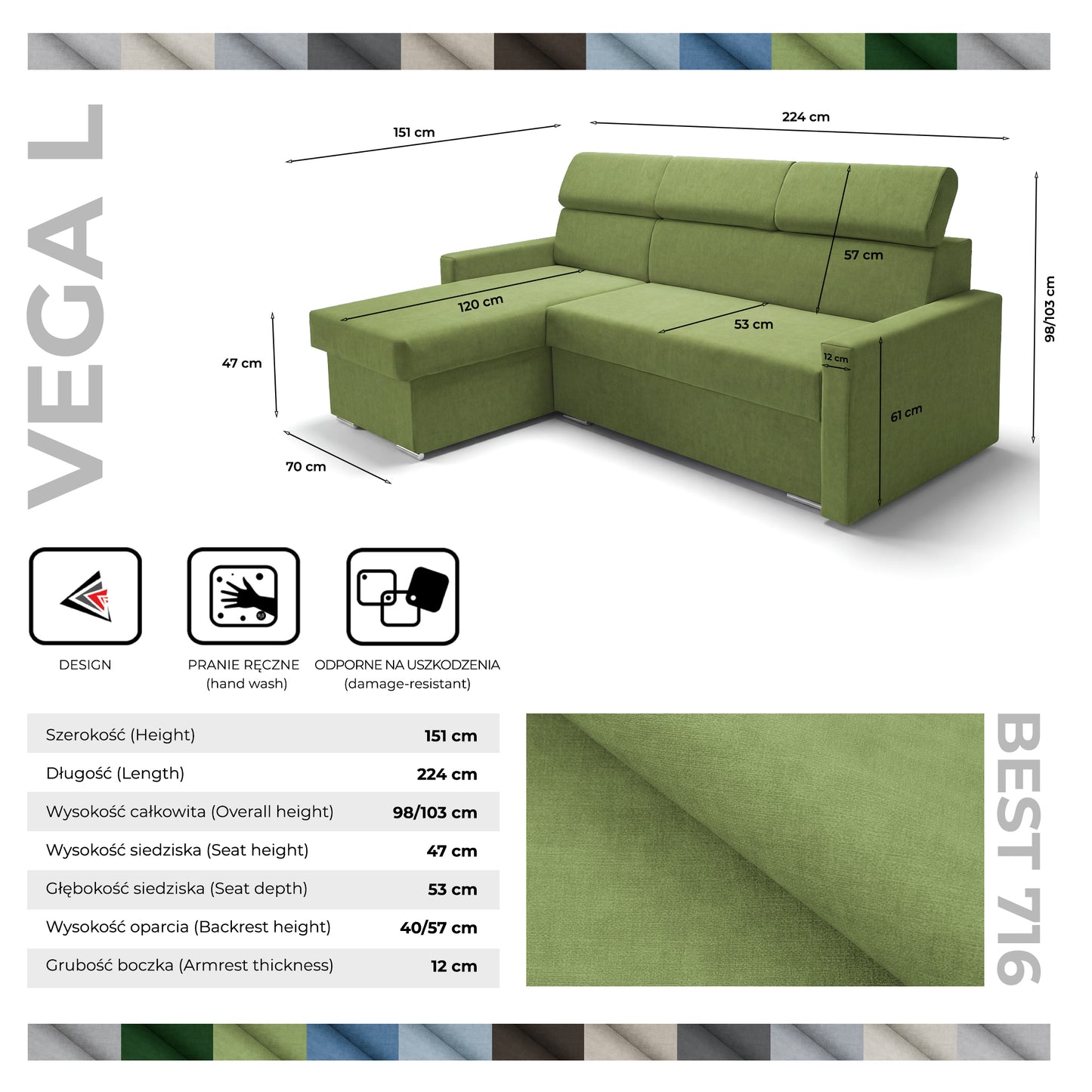 Ecksofa Vega L mit Schlaffunktion & Bettkasten – Samtstoff Best Grün– Zero-Wall Design Wandbündig – L-Form Sofa Freistehend
