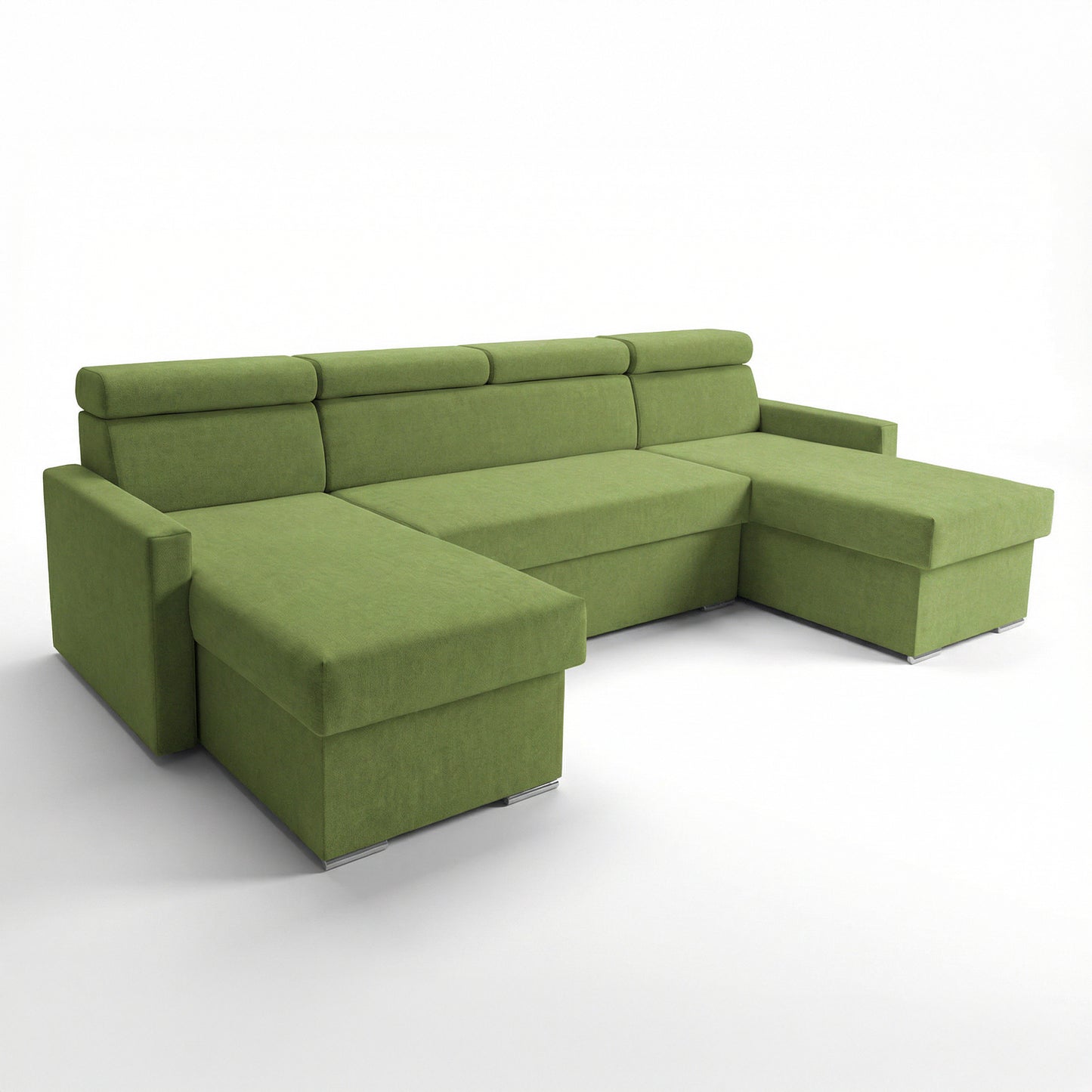 Vega U Ecksofa nach Maß | Breite anpassbar | Schlaffunktion 2 Bettkästen U-Form verstellbare Kopfstützen Samtstoff Best 305x151 cm (Grün)
