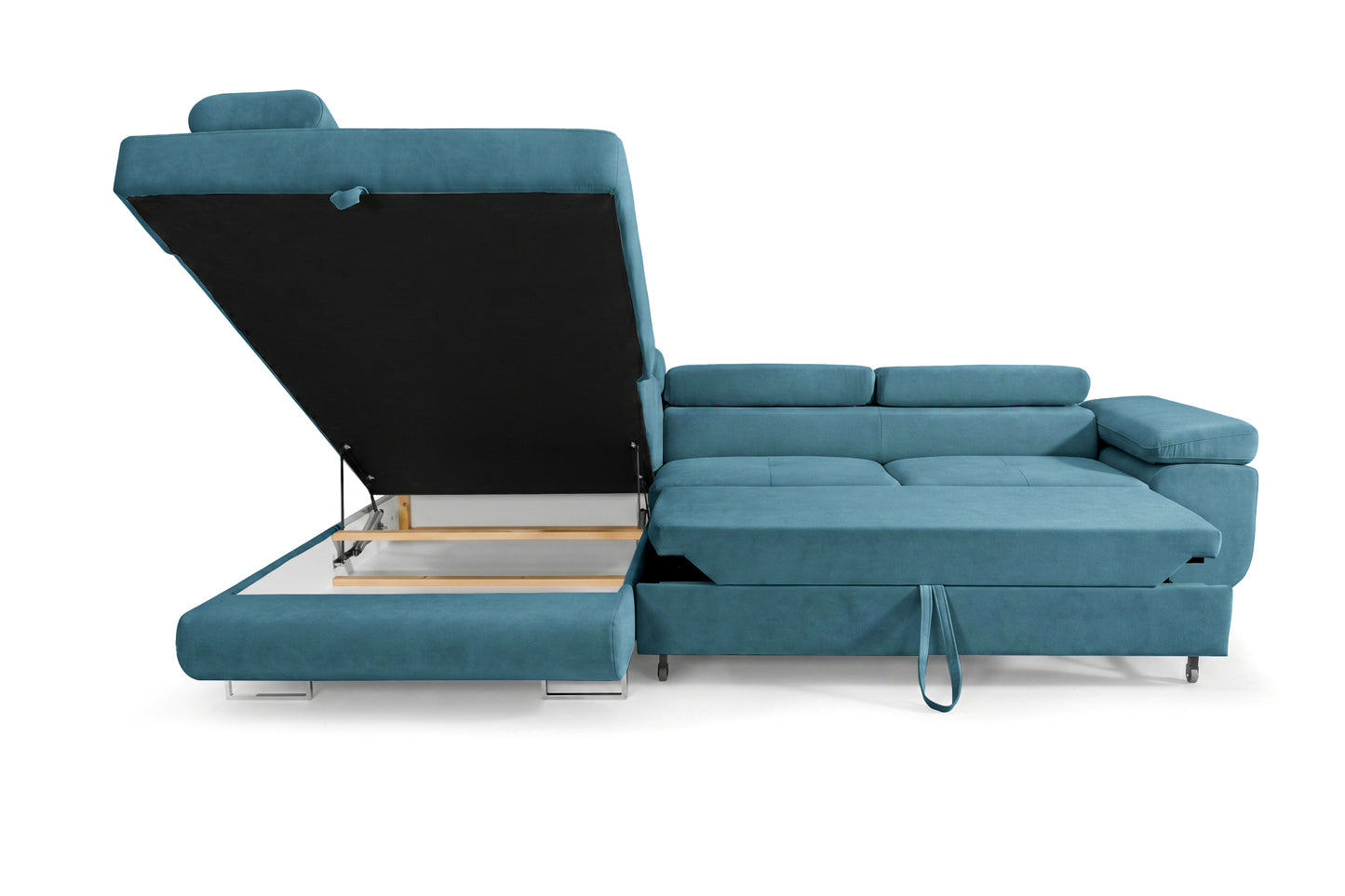 Ecksofa Luca L-Form Türkis Stoff Element 14 Links Ottomane mit Schlaffunktion & Bettkasten