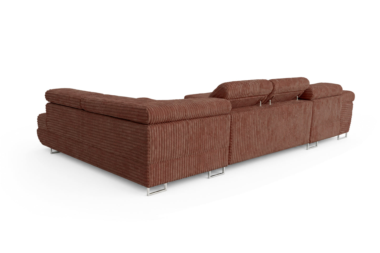 Wohnlandschaft Cordo U XXL U-Form Sofa mit Schlaffunktion & 2 Bettkästen – Breitcord Tilia Terrakotta– Ottomane Rechts